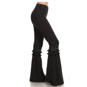 Chatoyant Black Mineral Wash Bottom Knee Tassel Bell Bottom Pants , M